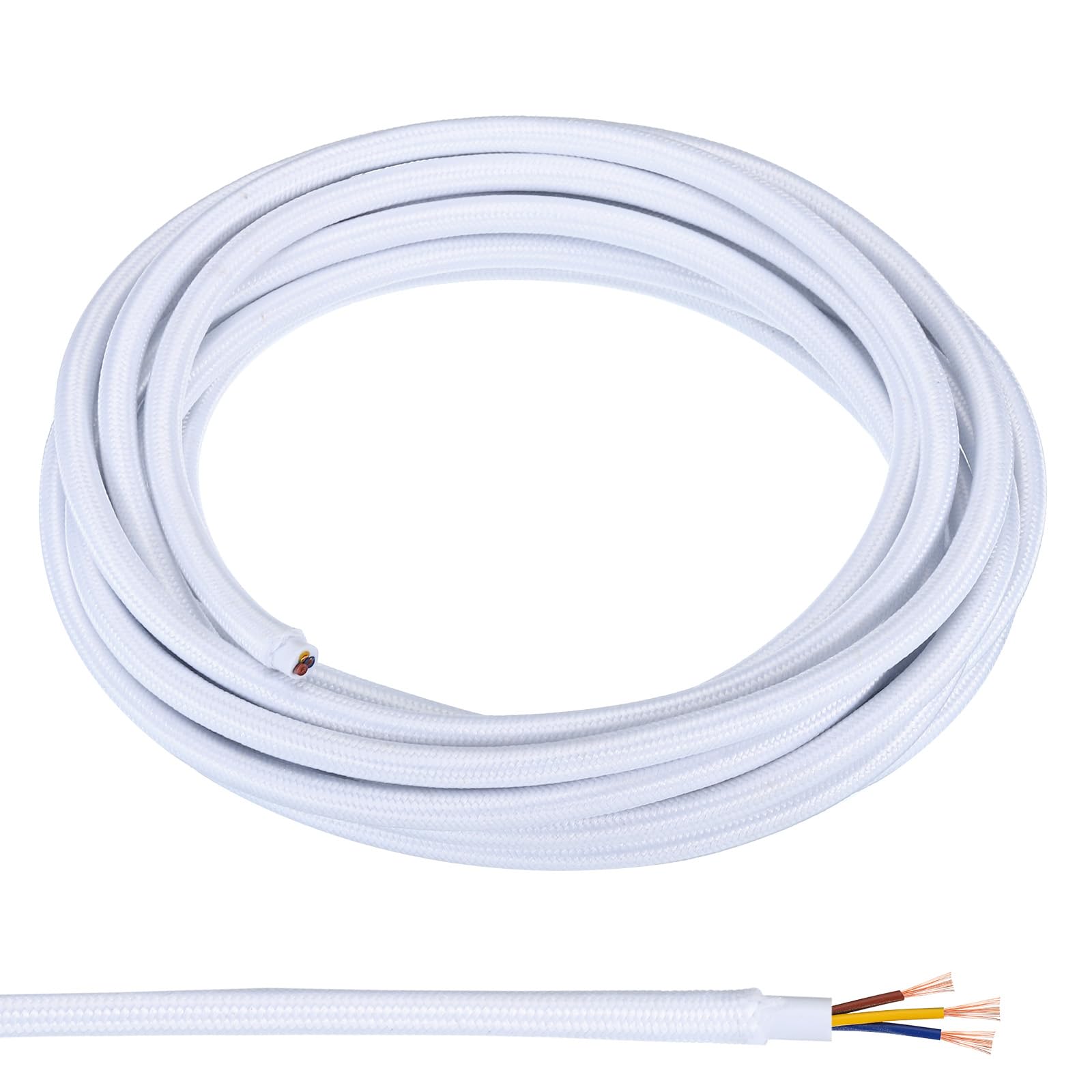 PATIKIL Fabric Cloth Covered Round Wire, 16.4ft 18AWG 3 Core Vintage Woven Electrical Cord for Pendant Light DIY Project, White