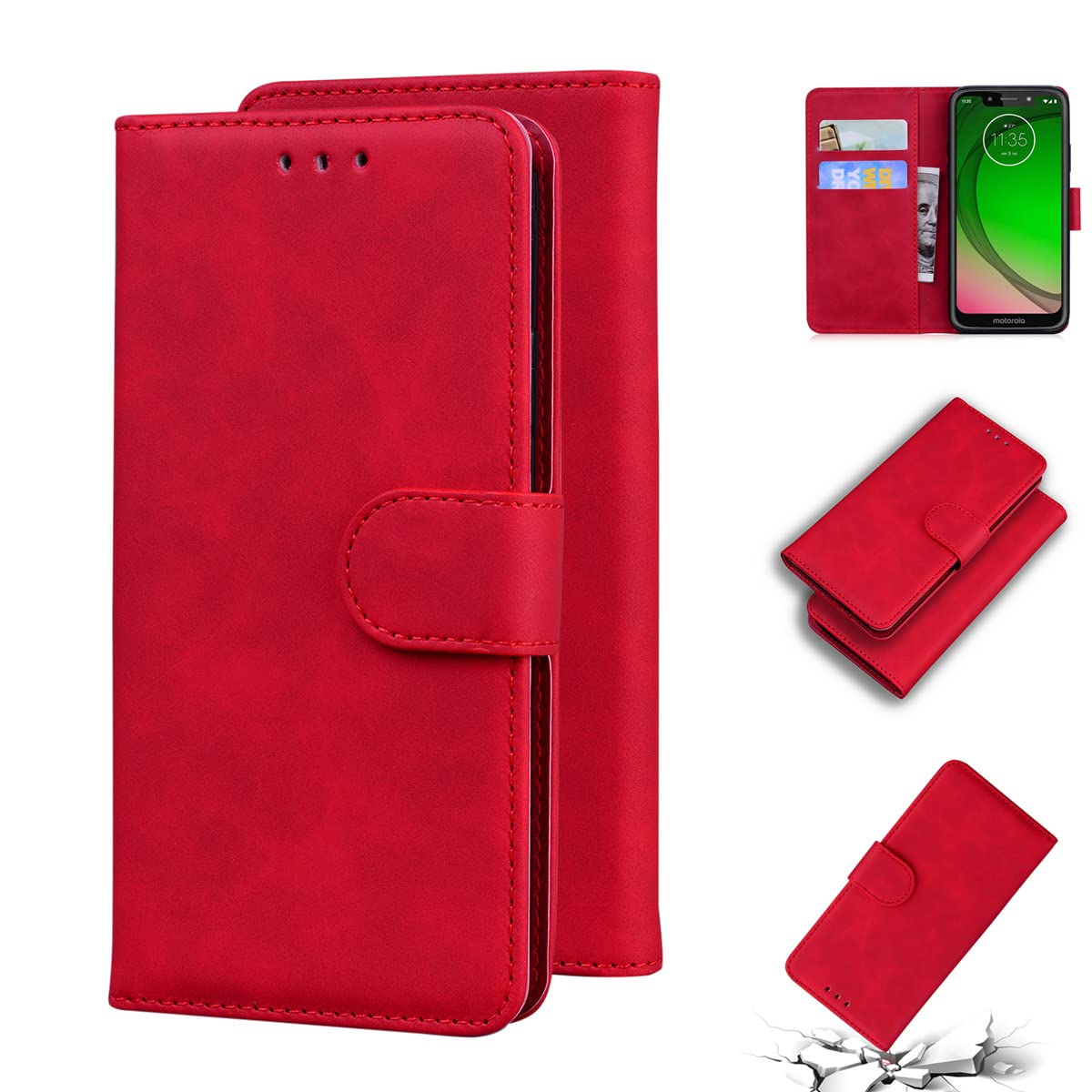LMFULM® Case for Motorola Moto G7 Play (5.7 Inch) PU Leather Cover Magnetic Holster Wallet Shell Phone Protective Case Stent Function Flip Case Red