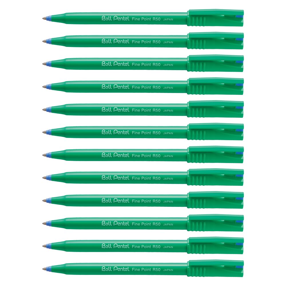 Pentel R50 Rollerball Pen Green Barrel Water-based 0.8mm Tip 0.4mm Line Blue Ref R50-C [Pack of 12]