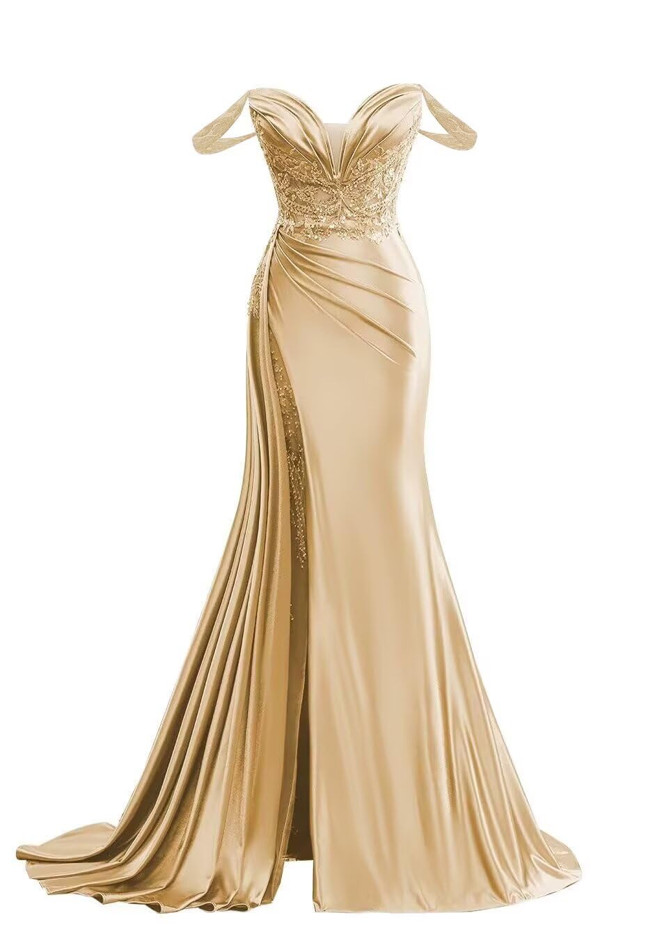 Photo 1 of Off Shoulder Satin Prom Dresses Long 2025 Beaded Formal Dresses Pleated Evening Party Gown with Slit Tail -Size Champagne 4
