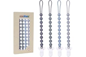 AMAZINGM One Piece Design Silicone Pacifier Clip Holder,Pack of 4 Flexible Paci Leash,Binky Clips with Textures for Baby Boys and Girls,Newborn Essential (Gray)