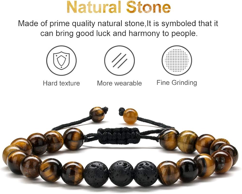 Bead Bracelet for Mens Gifts - Natural Tiger Eye Black Lava Rock Stone Mens Anxiety Bracelets, Adjustable Aromatherapy Essential Oil Diffuser Healing Bracelet Gifts for Men Best Friend Gifts: Clothing