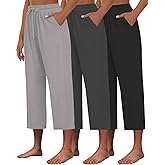 Kivdol 3 PACK Womens Capri Pants Loose Yoga Pants Wide Leg Drawstring Comfy Lounge Pajama Capris Loose Sweatpants with Pocket