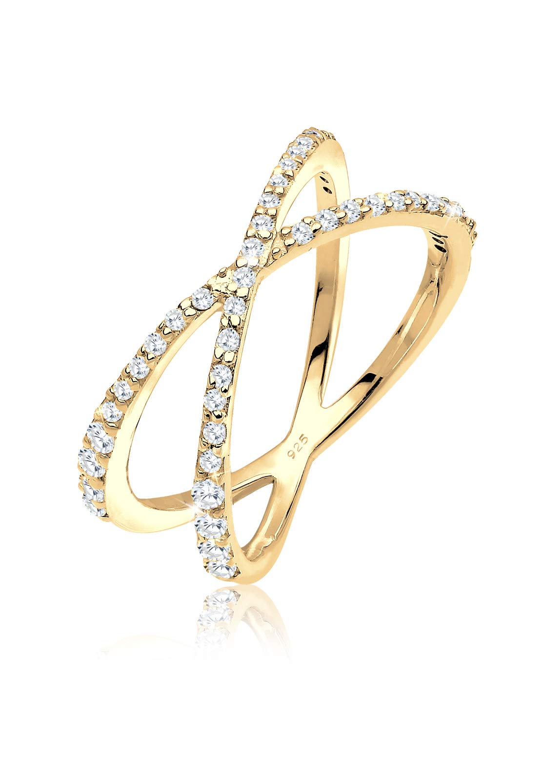 Elli Women's 925 Sterling Silver Gold Plated Zirconia Crossed Ring, Size P