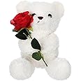 Civaner Bear Stuffed Animal Gift with Rose Funny Cute Bear Stuffed Animal Plush Gift for Mother Girlfriend Birthday Wedding Mother's Day, 11.8 Inches(White)