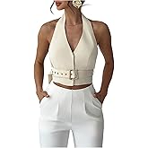 Floerns Women's Elegant Buckle Halter Tops Sleeveless Open Back Dressy Casual Crop Tank Top