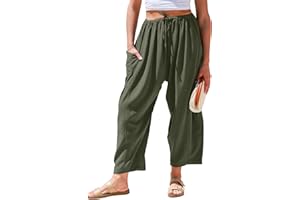 TARSE Womens Linen Wide Leg Pants Casual Loose Drawstring Low Waist Beach Palazzo Harem Pants with Pockets