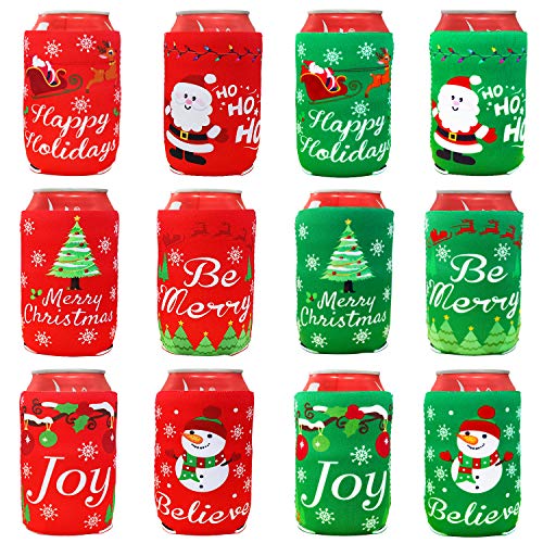 Tifeson Christmas Beer Can Coolers Sleeves - 12 Pack Xmas Holiday Can Insulated Covers for Christmas Party Decorations Supplies - Neoprene Coolers for 12-Ounce Canned Beverages, Bottle, Drink