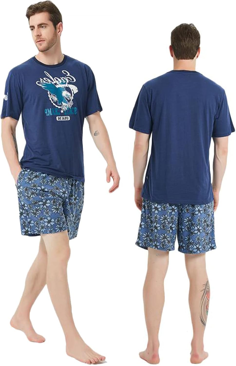 Men Pajama Shorts Set Short Sleeve Sleep Set VNeck PJ Set
