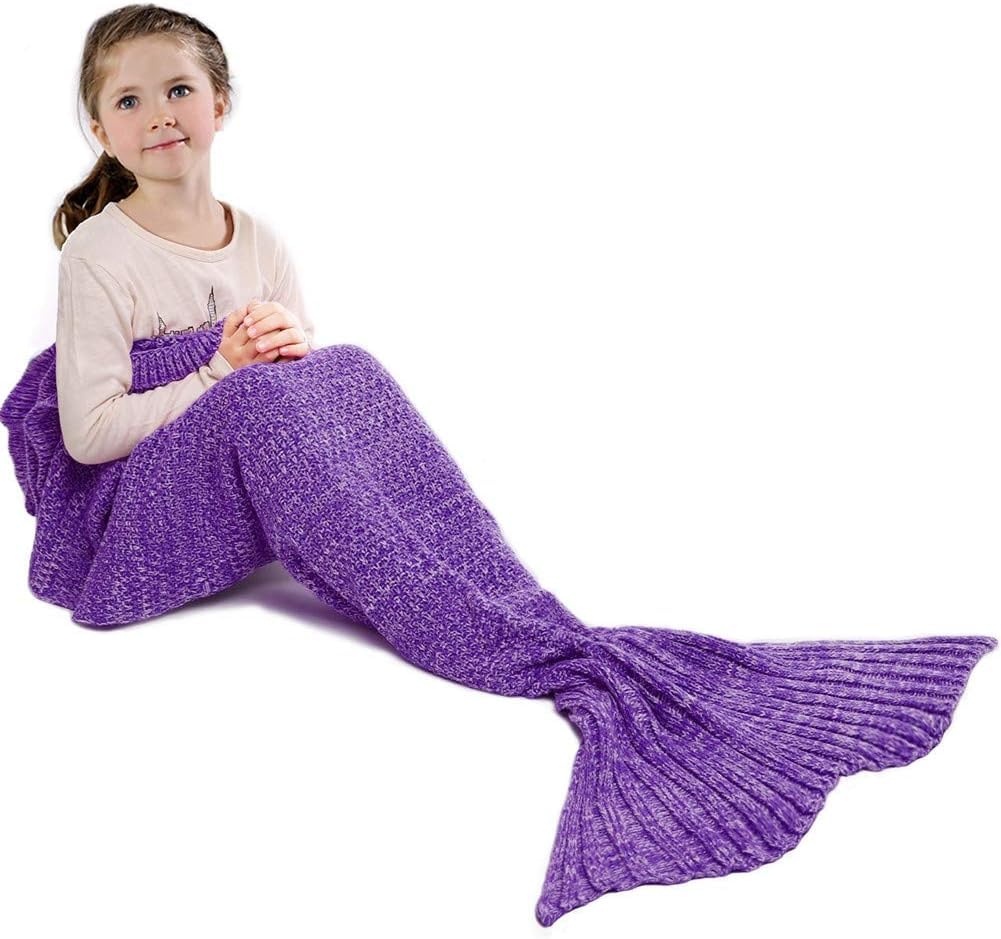 Mermaid Tail Blanket for Girls, Mermaid Sleeping Bag for Kids, Handmade Knitted Mermaid Tail Blanket, Birthday Gift for Girl 3-8years(Purple)