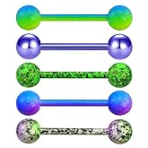 OUFER 5PCS 316L Stainless Steel Tongue Rings Barbell, 14G Surgical Steel Blue Purple Camo Piercing Jewelry for Women and Men