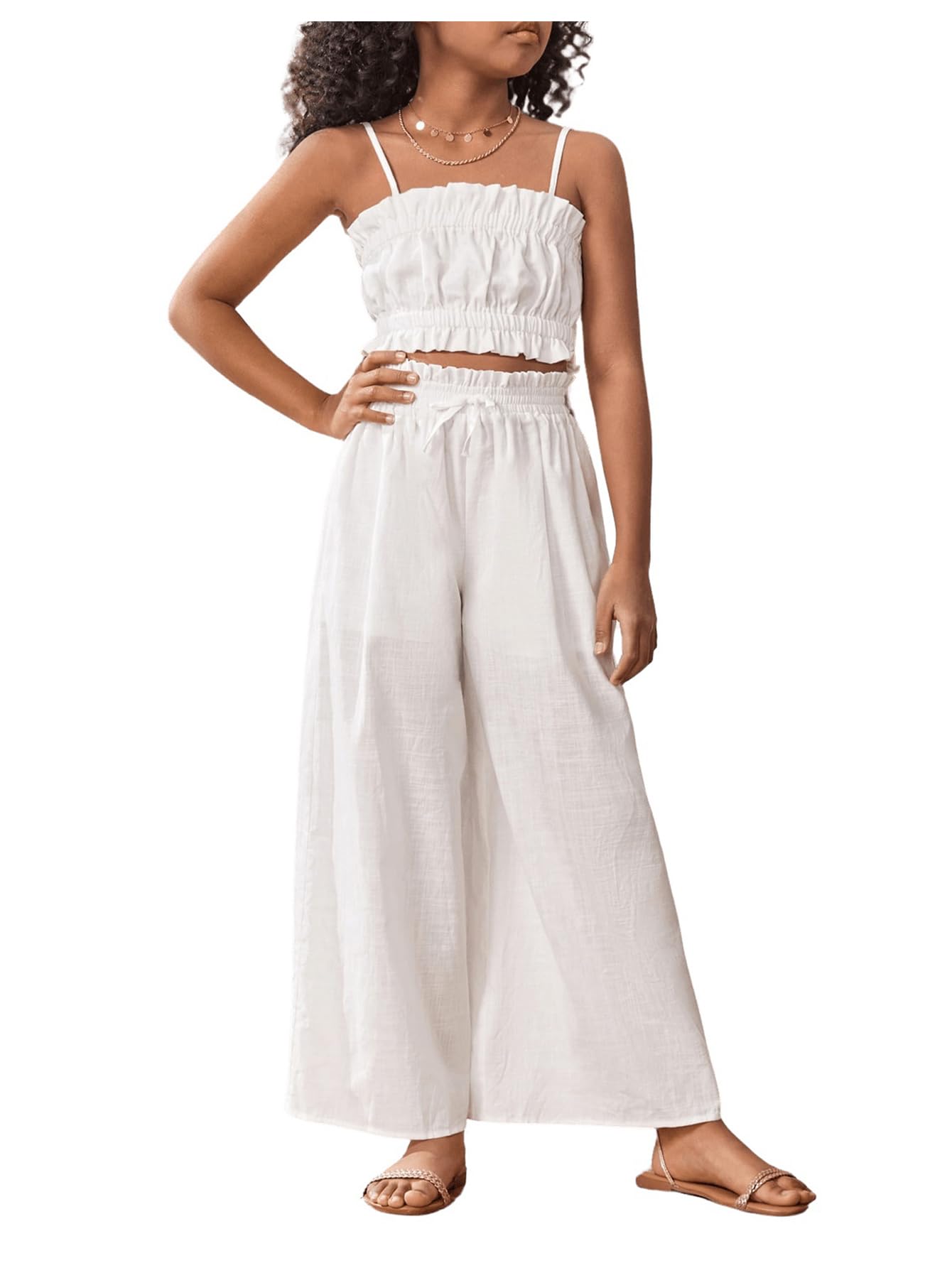 Photo 1 of **ONLY TOP**Floerns Girl's 2 Piece Set Ruffle Trim Cami Tops with Paperbag Waist Wide Leg Pants White 10Y