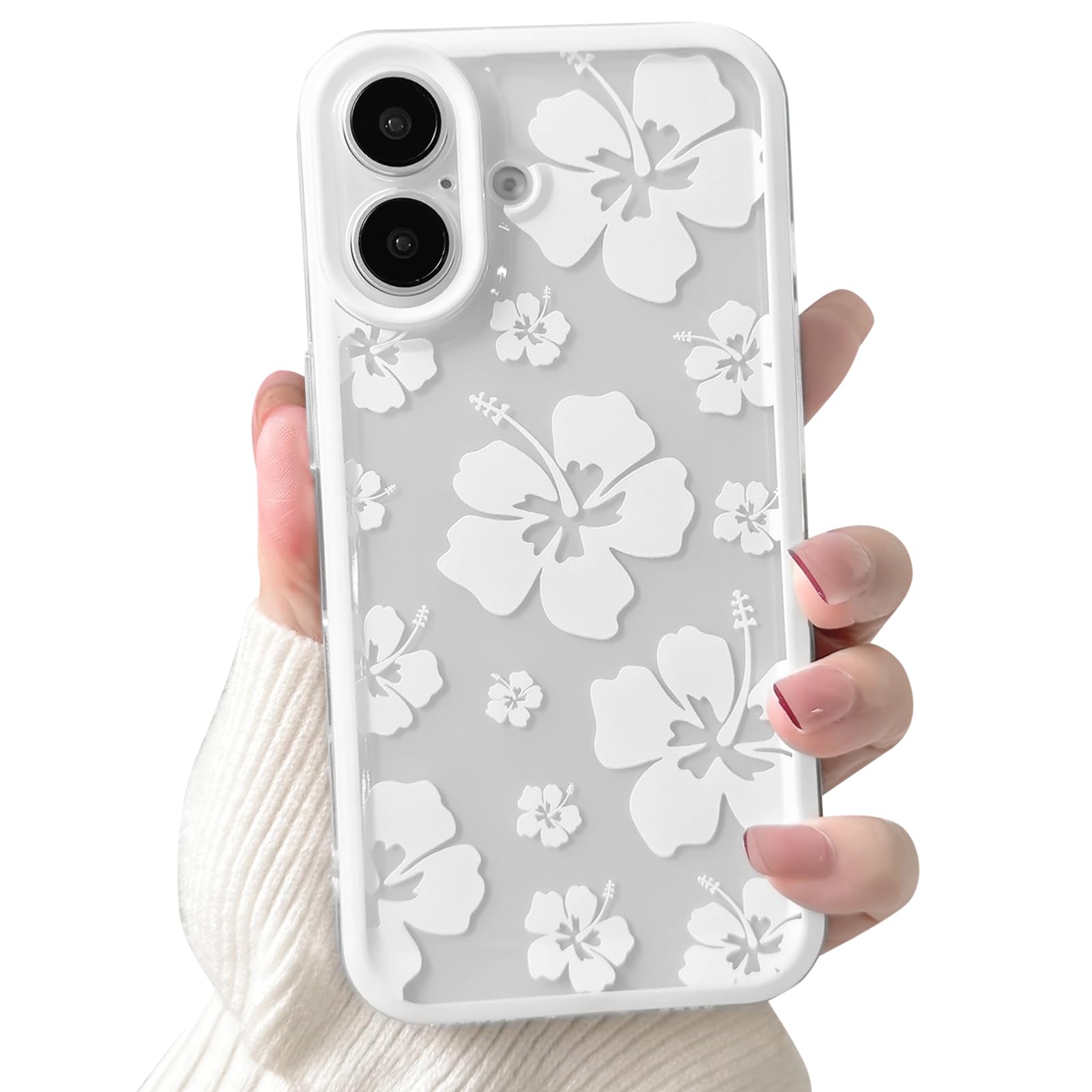 Photo 1 of Lovmooful Compatible for iPhone 16 Case Clear Cute Floral Flower Hibiscus with Color Edge Design for Girls Women Soft TPU Shockproof Protective Girly for iPhone 16 Case-White