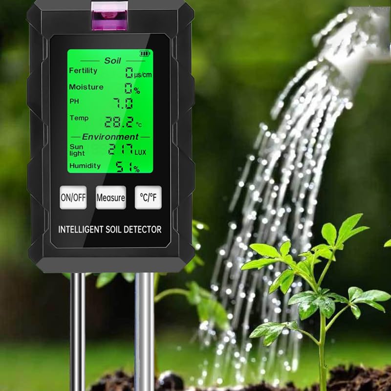 aiworth 6 in 1 Soil Moisture Meter - Digital Moisture Meter Plant with Fertility Temp Sunlight Humidity - Soil PH Tester with Dual Probe LCD Display for Gardening Farming Vegetable Bed Gardens