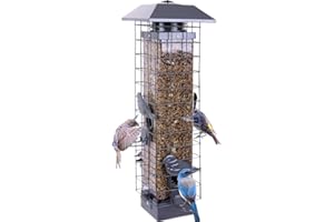 HENZAVK Squirrel Proof Bird Feeders for Outdoors, Metal Wild Bird Feeder for Outside Hanging, 4 Ports Perches, 3LB Large Capacity(Gray)