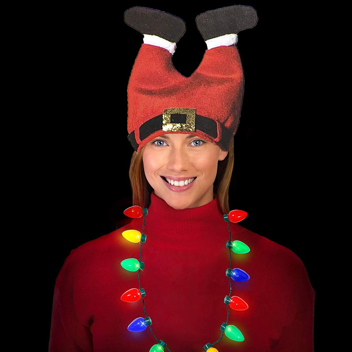 2 Pieces Ugly Sweater Christmas Party Kit, Includes Red Santa Hat and LED Christmas Bulb Necklace for Ugly Sweater Christmas Xmas Holiday Party