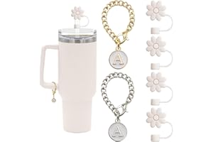 SpexArt (4+2) 4PCS Flower Straw Covers Toppers for Stanley Cups 30&40 Oz Tumbler Silicone Straw Caps Tips with 2PCS Initial Letter Charms Personalized Stanley Tumblers Accessories(Off White+Letter A)
