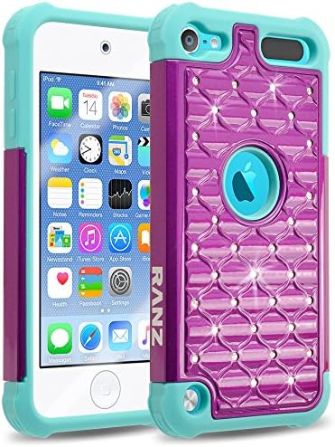 iPod Touch 6/ iPod Touch 5 Case, RANZ Turquoise/ Purple Spot Diamond Studded Bling Crystal Rhinestone Dual Layer Hybrid Cover Silicone Rubber Skin Hard Case For Apple iPod Touch 6/ iPod Touch 5