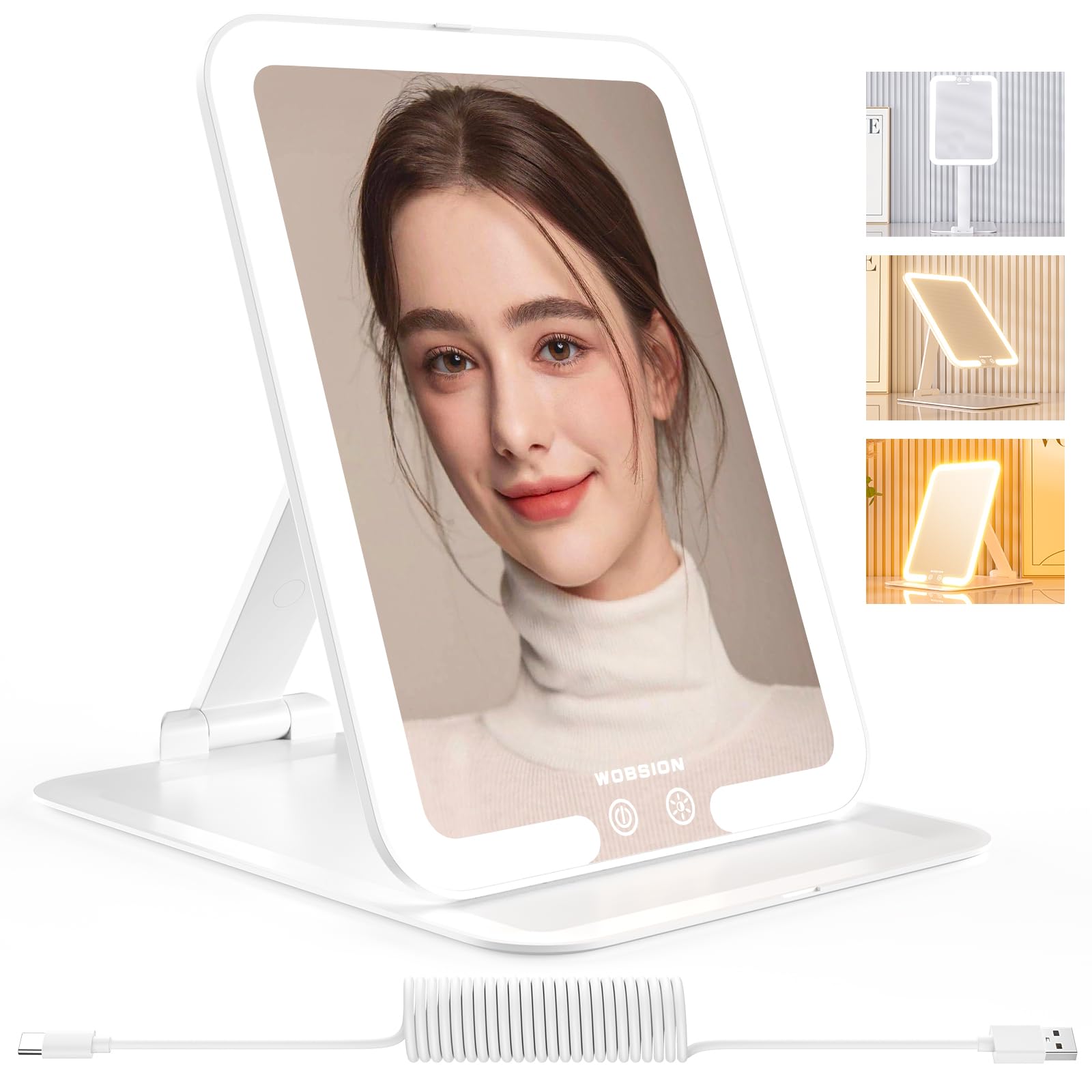 WOBSION Travel Makeup Mirror Rechargeable for Handbag, Light up Mirrors with 3 Colors Modes for Desk, Folding Mirror with Adjustable Stand, Gifts for Girls, White