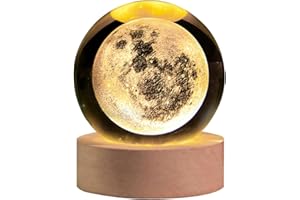 AOFEGRLT 3D Laser Engraved Moon Crystal Ball Lamp, 2.4" Glass Sphere Decorative Balls, Moon Planet Space Globe Night Light Gifts for Women