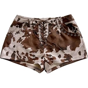 Floerns Women's Y2k Cow Print Lace Up Mini Shorts Suede Low Rise Rave Concert Outfit Micro Shorts