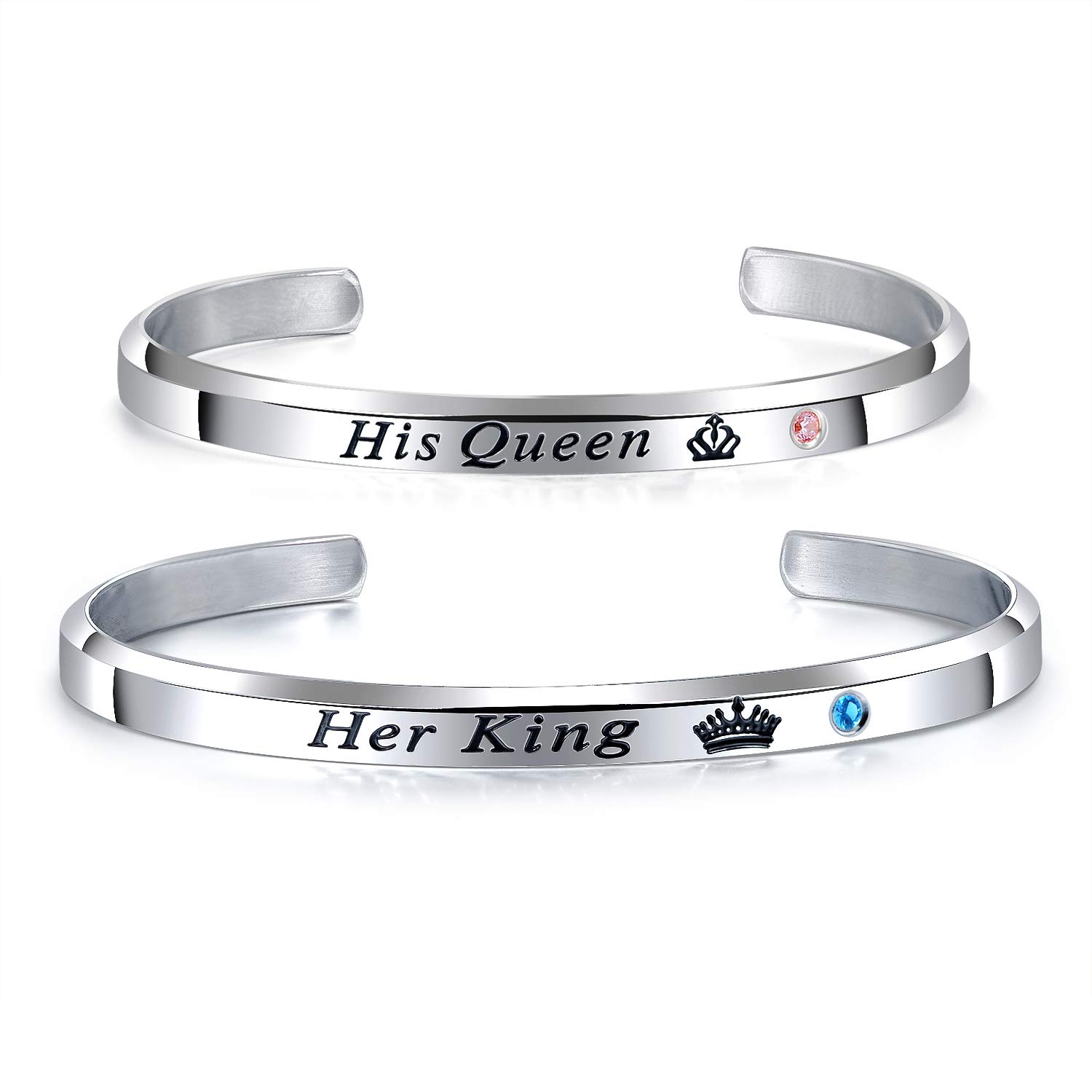 Cupimatch 2pcs CZ His Queen Her King Couple Bracelets Set,Titanium Stainless Steel His and Hers Love Crown Matching Cuff Bangle Jewelry