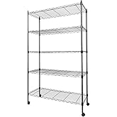 Whitmor 5 Tier Metal Storage Shelves, Heavy Duty with 4 Wheels & Adjustable Feet, 400 lbs Capacity per Shelf, Max 2000 lbs Total for Home, Garage, Workshop, 36" L x 14" W x 60" H, Black