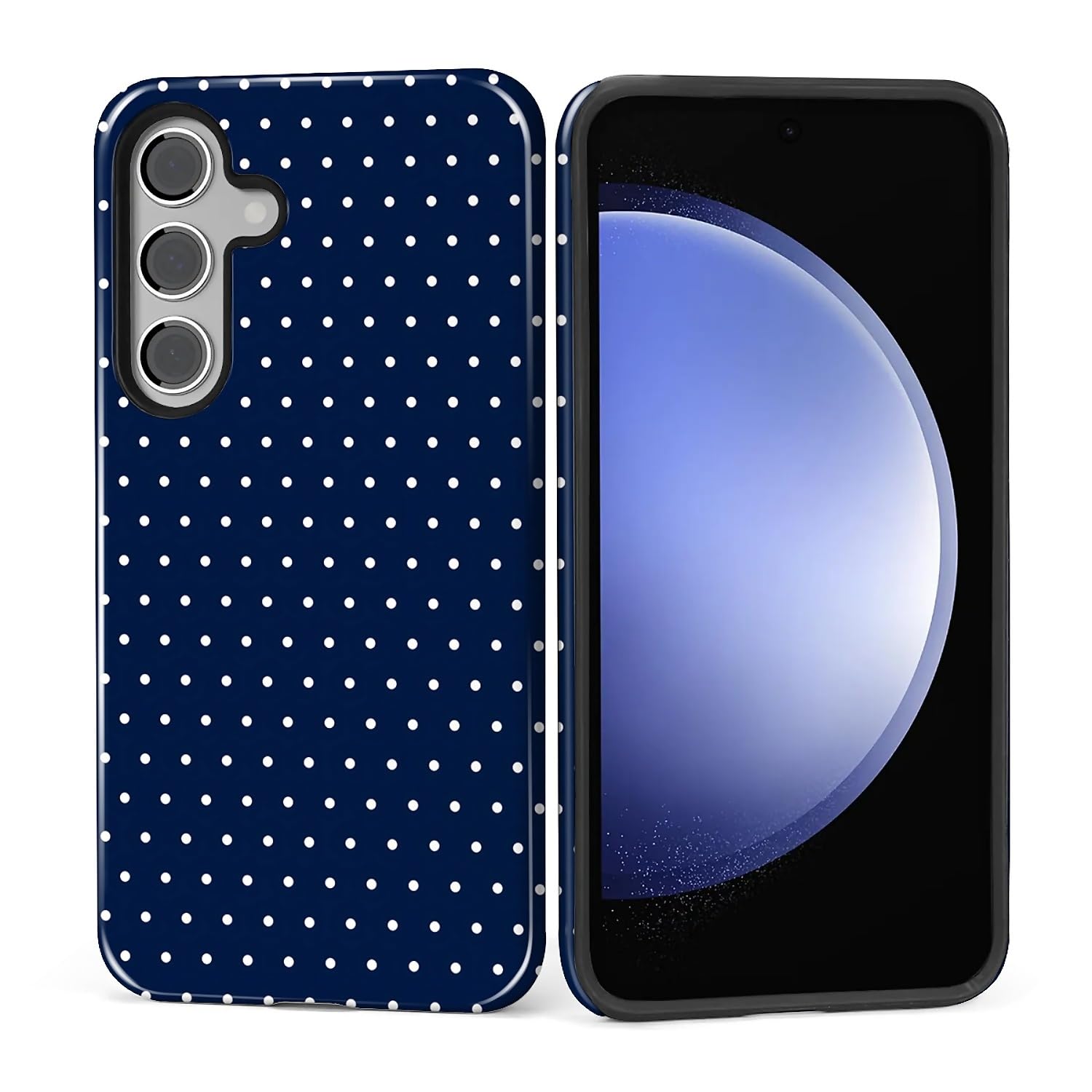 MQJCYB Case for Samsung Galaxy S24 FE, Hybrid Heavy Duty 2 in 1 Full Body Rugged Shockproof Protection Glossy Case for Samsung Galaxy S24 FE Polka Dot Aesthetics Navy Blue