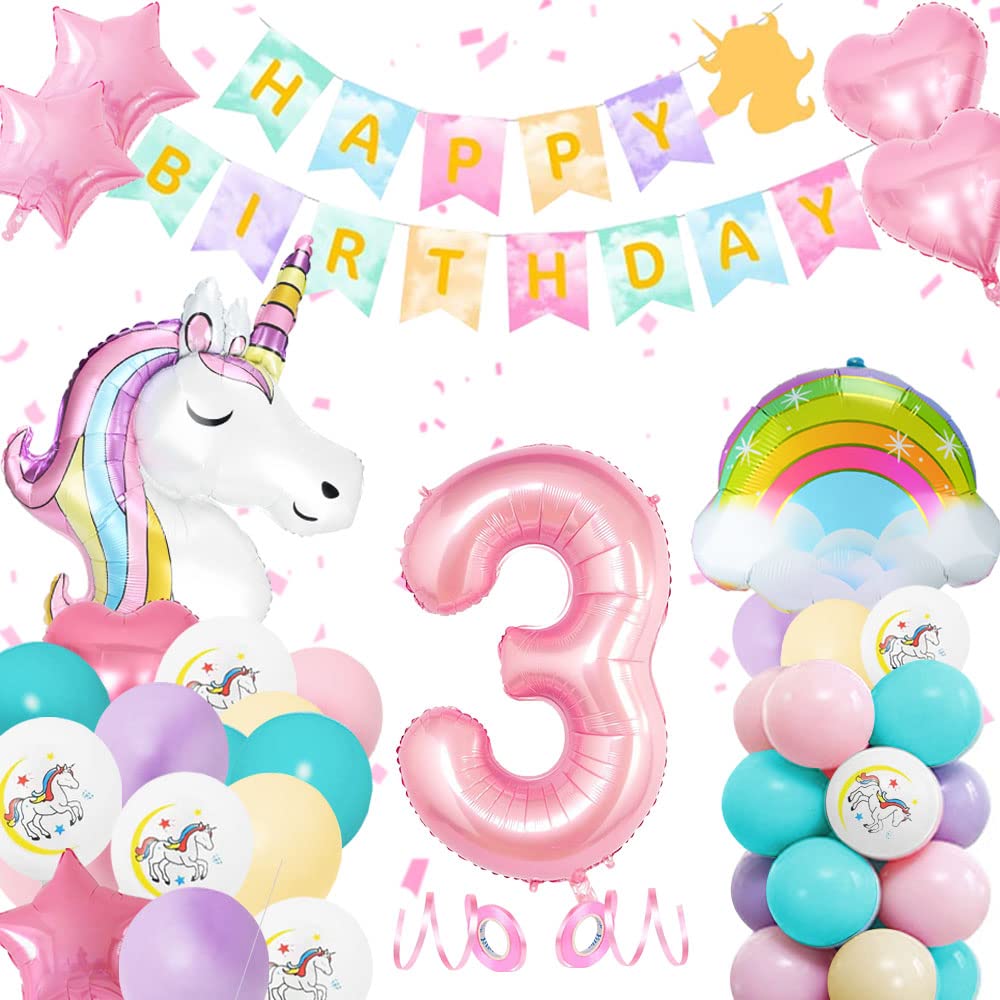 3rd Unicorn Balloon Birthday Decoration Girls, YYDSXK 3rd Unicorn Party Decoration Balloons, Happy Birthday Banner, Number 3 Giant Unicorn Foil Balloon Birthday Party Supplies for Kids Girls