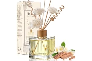 GV77ZF Jasmine & Sandalwood Reed Diffuser Set-6.7 oz Glass Bottle with 4 Rattan Sticks,3 Dried Flowers,Adjustable,Long-Lasting Scent for Home,Bedroom,Living Room,Office,Bathroom,Aromatherapy Gift Set
