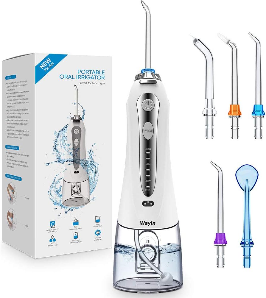 Power Flossers Irrigators, Wayin Portable Water Flosser IPX7 Waterproof 240ML 5 Modes 4 Jet Tips and Tongue Cleaner, USB Rechargeable Denture Brushes Flossers for Kids Adults Travel and Family Use