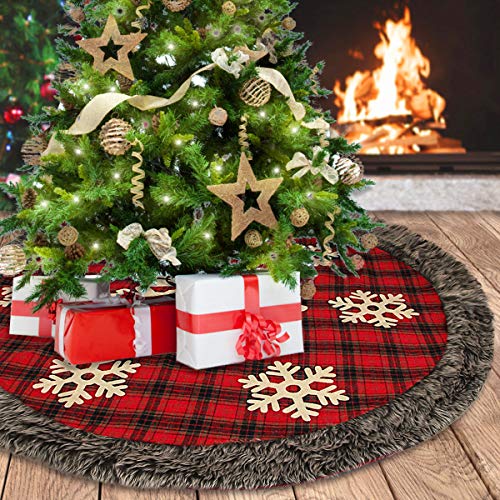 Aiduy Christmas Tree Skirt, 48 Inch Large Xmas Tree Skirt, Burlap Buffalo Plaid Christmas Tree Skirt with Thick Faux Fur Snowflake