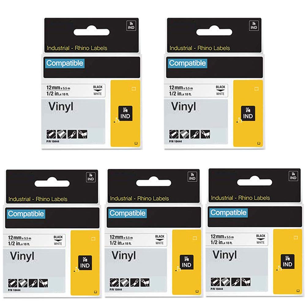Photo 1 of 18444 Vinyl Label Tape 1/2" Replacement for DYMO Rhino 18444 Industrial Permanent Vinyl Tapes Black on White 1/2 inch x 18 feet Compatible with DYMO Rhino 4200 5000 5200 6000 Label Maker, 5pack