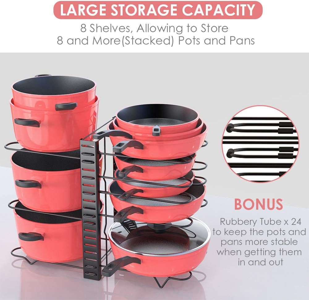 Pan Organizer Rack for Cabinet, Pot Rack with 3 DIY Methods, Adjustable Pot and Pan Organizer with 8 Tiers, Large & Small Pot Organizer Rack for Cabinet Kitchen [Upgrade Version]: Home Improvement