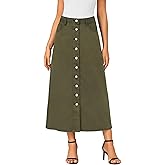 Vrtige Women's Casual Button Down High Waisted A Line Jean Midi Long Denim Skirt with Pockets