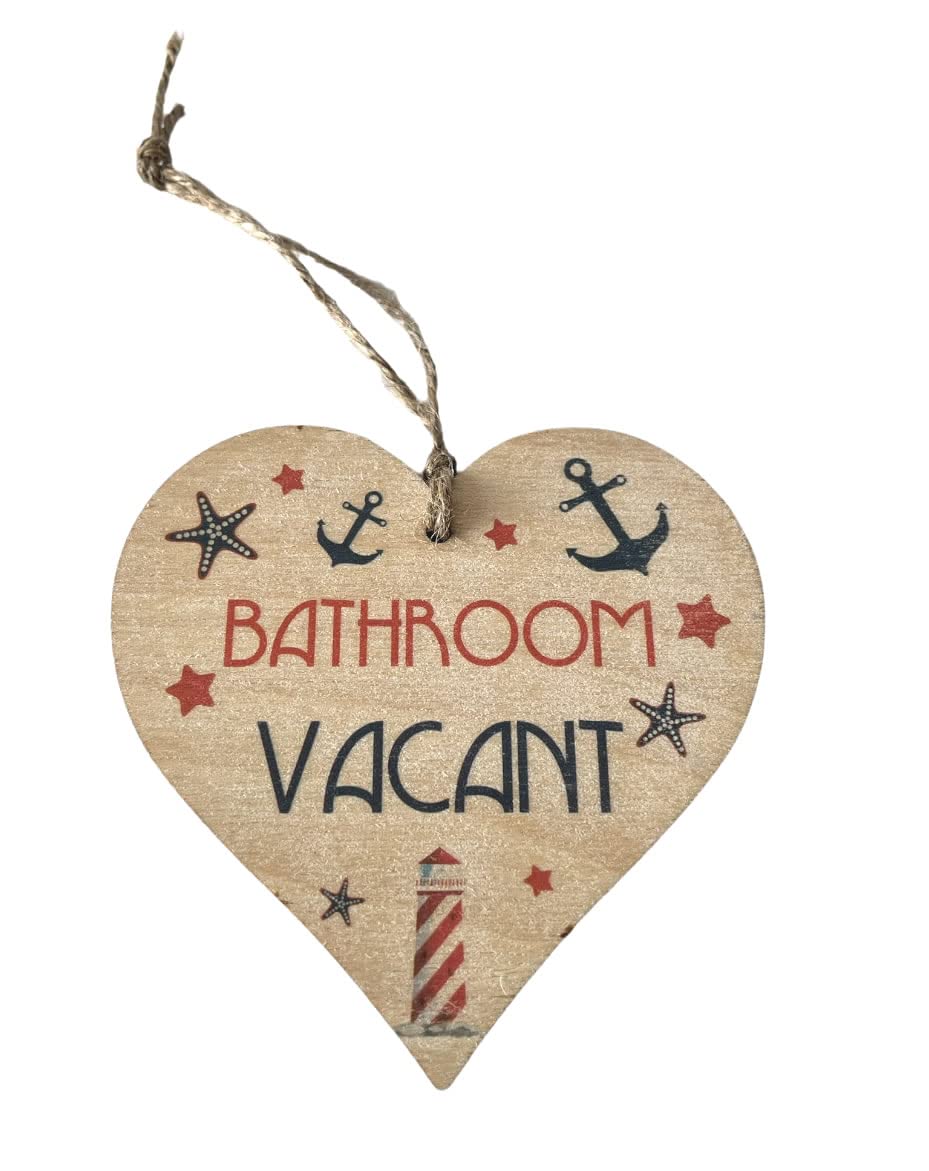 Nautical Bathroom Engaged Vacant Double Sided Hanging Wooden Heart Shaped Door Sign Plaque