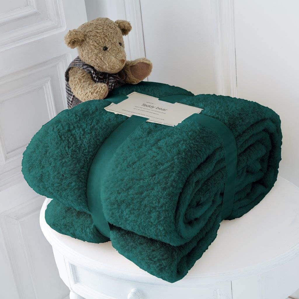Teddy Fleece Throw Blanket Warm Soft Luxury Cuddly Sofa Bedspread Travel Throw (Emerald Green, Single - 100 X 150cm)