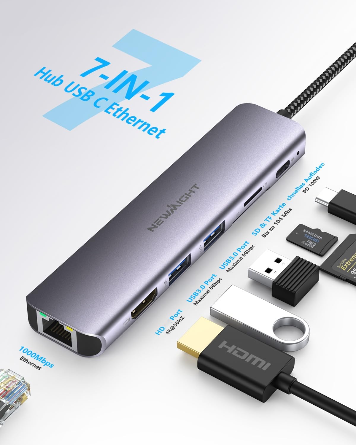 Newmight USB C Hub mit Ethernet,7 in 1 Typ C Adapter mit 4K HDIM, 2 USB 3.0, 1G Ethernet, 100W PD Port, SD/TF Kartenleser, für iPhone 15/MacBook/iPad/Dell/HP und Mehr 2