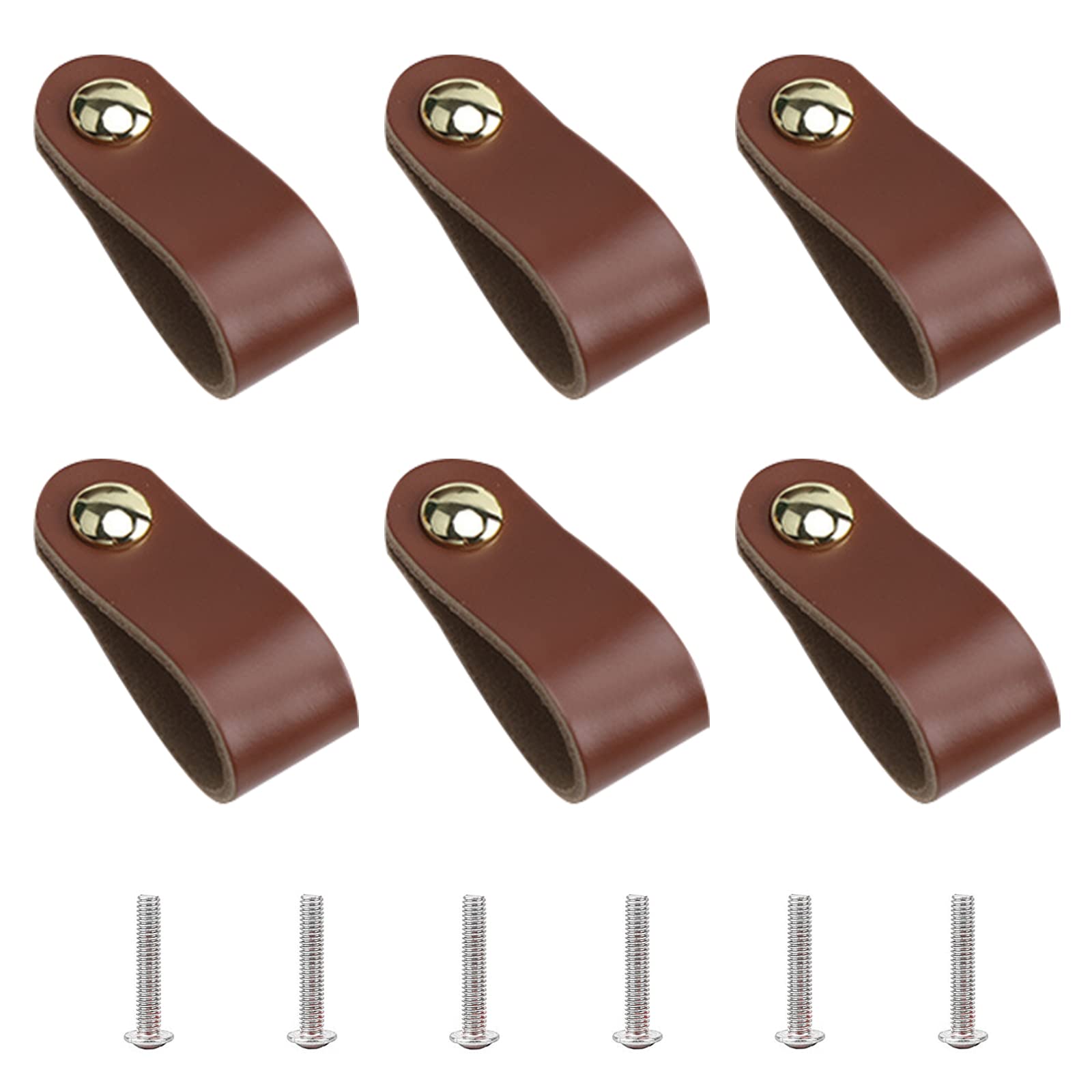 GORGECRAFT 6Pcs Leather Handles Vintage Cabinet Door Handle Camel Color Leather Drawer Pulls for Kitchen Bathroom Cabinets Cupboards Wardrobe Dresser, 143x25mm