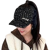 MIFULGOO Open Beanie with Earflap Visor Brim Bill Winter Golf Driving Ponytail Hats Women