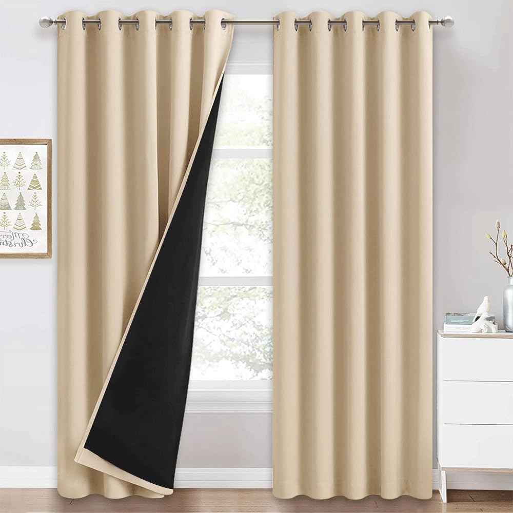 PONY DANCE 100% Blackout Double-Layer Curtains with Liner - Thermal 66x90 Inch Long Curtains for Bedroom Living Room, Energy Energy & Noise Reducing, Biscotti Beige Grommet Blackout Drapes, 2 Panels
