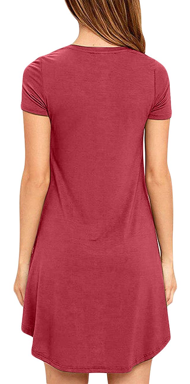 Eanklosco Womens Casual Short Sleeve Plain Pocket V Neck T Shirt Tunic Dress (Wine Red, XL)