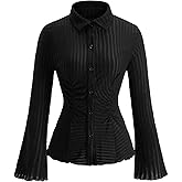 winkbay Women's Collared Ribbed Knit Top Lettuce Trim Button Front Long Sleeve Slim Blouse Tops