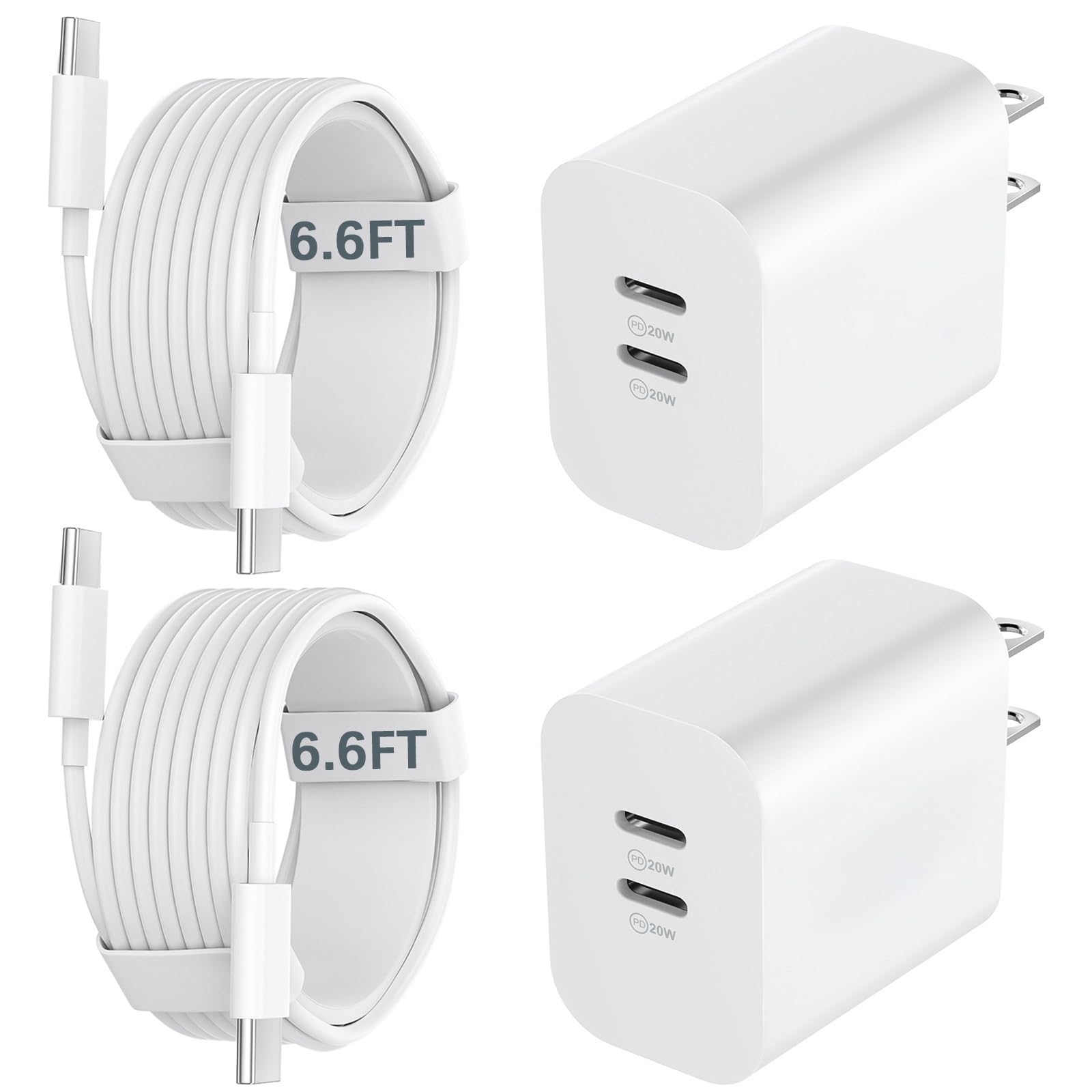 20W Dual Port USB C Fast Charger Block with 6.6FT Long USB C to C Charging Cable for Phone 17 16 15/16 15 Plus/17 16 15 Pro/17 16 15 Pro Max