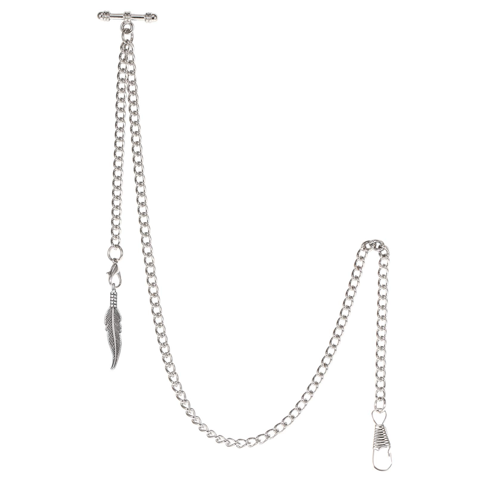 TREEWETO Men's Albert Chain Pocket Watch Curb Link Key Chain 2 Hooks with Antique Silver Leaf Pendant Design Charm Fob T Bar