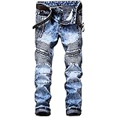 AITITIA Men's Biker Zipper Deco Washed Straight Fit Jeans