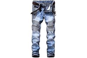 AITITIA Men's Biker Zipper Deco Washed Straight Fit Jeans