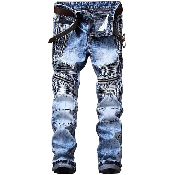 Amazon.com: Men's Slim Fit Straight Zip Pleated Washed Jeans