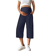 Huukeay Women's Cotton Linen Blend Maternity Capris Pants, Lounge Pregnancy Cropped Pants Wide Over The Belly Pockets Trouser, Navy Blue,Medium