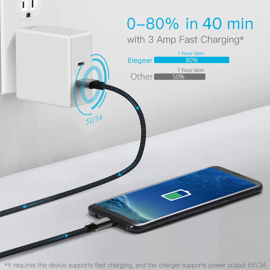 USB C Cable, Elegear USB Type C Cable to USB 2.0 [Certified] 6ft Braided Nylon Fast Charging Cable for Samsung Galaxy S9 / S9+, Huawei P20 / M20, Sony Xperia XZ, Nintendo Switch and More (Grey)
